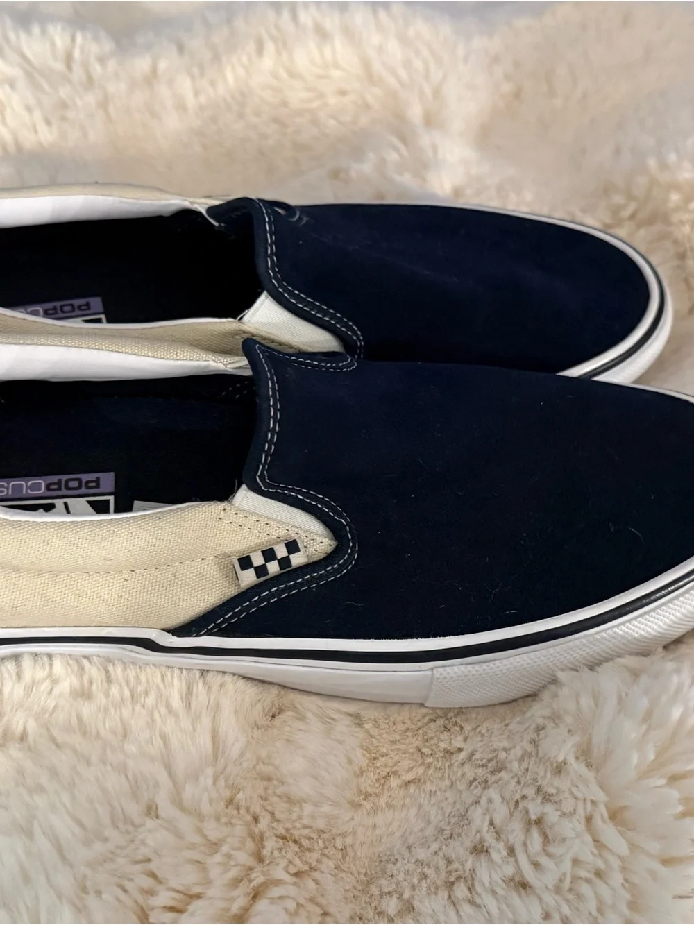 Vans Slip-On Shoe - Navy Suede Cream Canvas. Brand New, Never Worn. Men’s 11